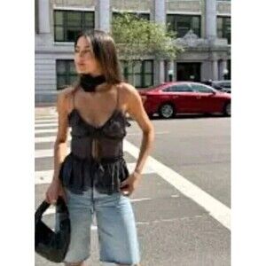 ZARA Black Strappy Semi-Sheer Ruffled Top Camisole Large Tie Front NWT Ret$48.90